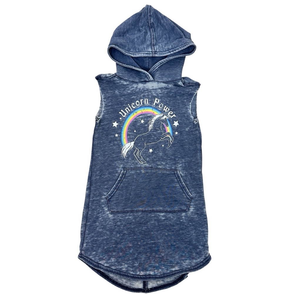 Kids Blue Sleeveless Hoodie Dress with Unicorn Print